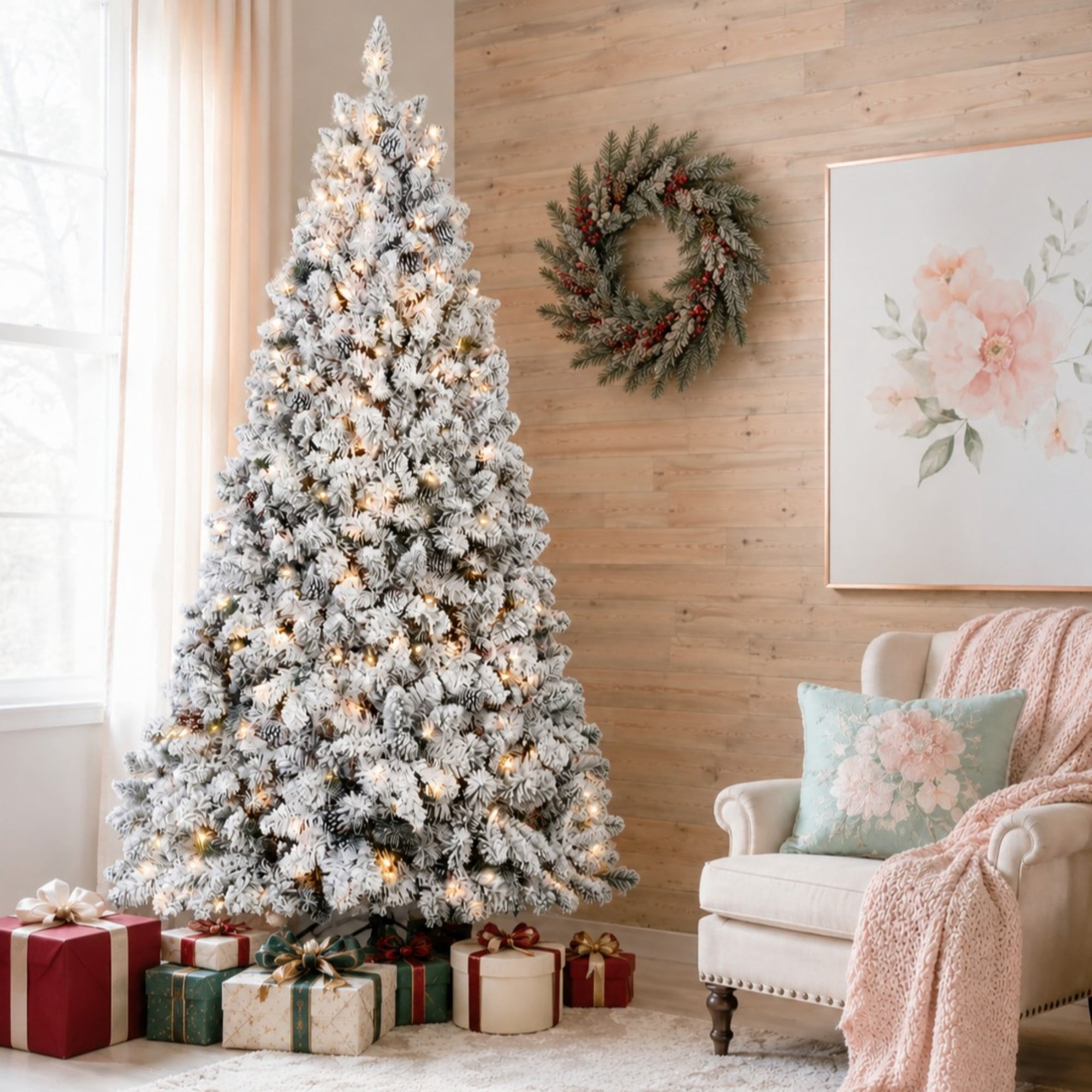 DEALTOPS 8 FT Snow-Flocked Pre-Lit Artificial Christmas Tree, 1754 Tips & 700 UL Lights, Pine Cones & Stand