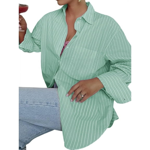 Womens Shirts Button Down Stripe Long Sleeve Blouse Fashion Casual Tops 2025 Light Green L