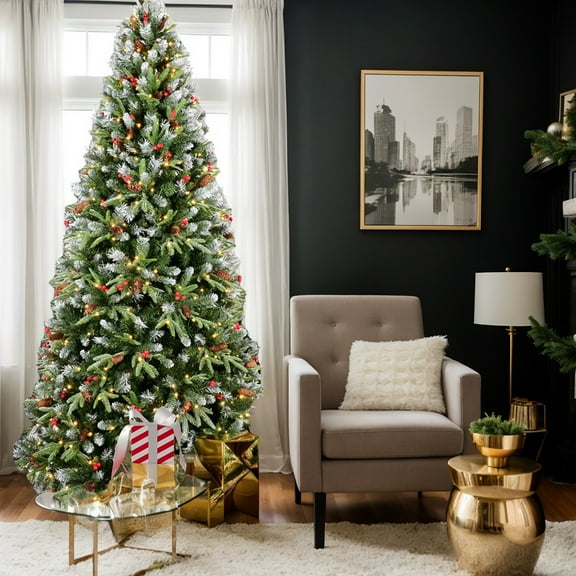 Resenkos Artificial 6ft Green LED-lit Christmas Tree with 1593PE/PVC Mixed Branch Tips,Red fruit and Pine cone,Hinged Premium & Foldable Base for Indoor Holiday Decorating, Green