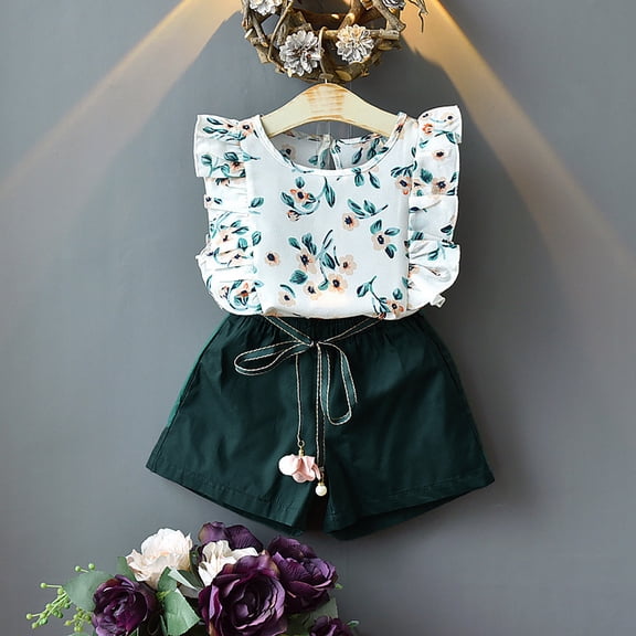 Girls Short Sets Sleeveless Ruffle Print Top Tie Detail Shorts 2 Piece Set Cute Summer Outfit Size 5-6Y