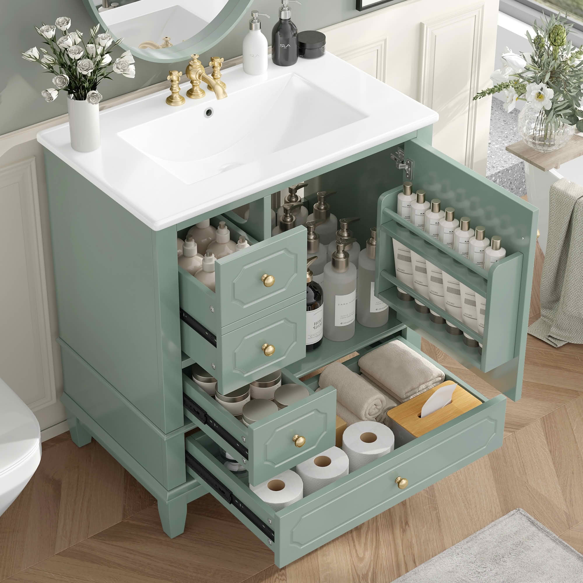 MAYEERTY 30" Bathroom Vanity with Sink, Freestanding Cabinet Ceramic Basin Solid Wood Frame Soft-Close Door 3 Drawers Painted MDF Rubber Wood, Storage Shelves Included, Green