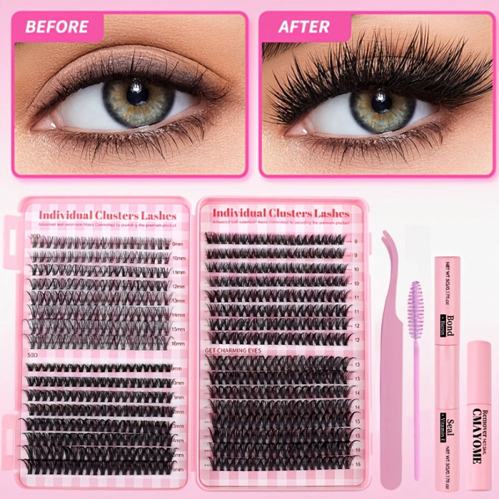 Cluster Lash Extension Kit for Beginners, 600pcs 9-16mm Mixed Volumes, Diy Fake Eyelashes with Lash Tray & Applicator, Cruelty Free & Reusable, Easy to Apply and Remove