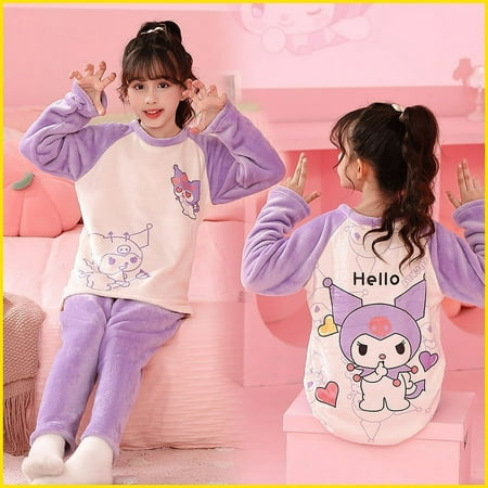 

Sanrio Cinnamoroll Winter Thicken Children Pajamas Set Kuromi Kitty Boy Girl Flannel Fleece Warm Sleepwear Kids Home Suit Anime