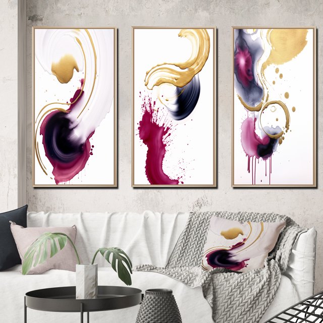 Designart "Peaceful Intensity Magenta and Gold Series II" Abstract Painting Framed Wall Art Set Of 3 - Gold Modern Frame Gallery Wall Set For Home Decor