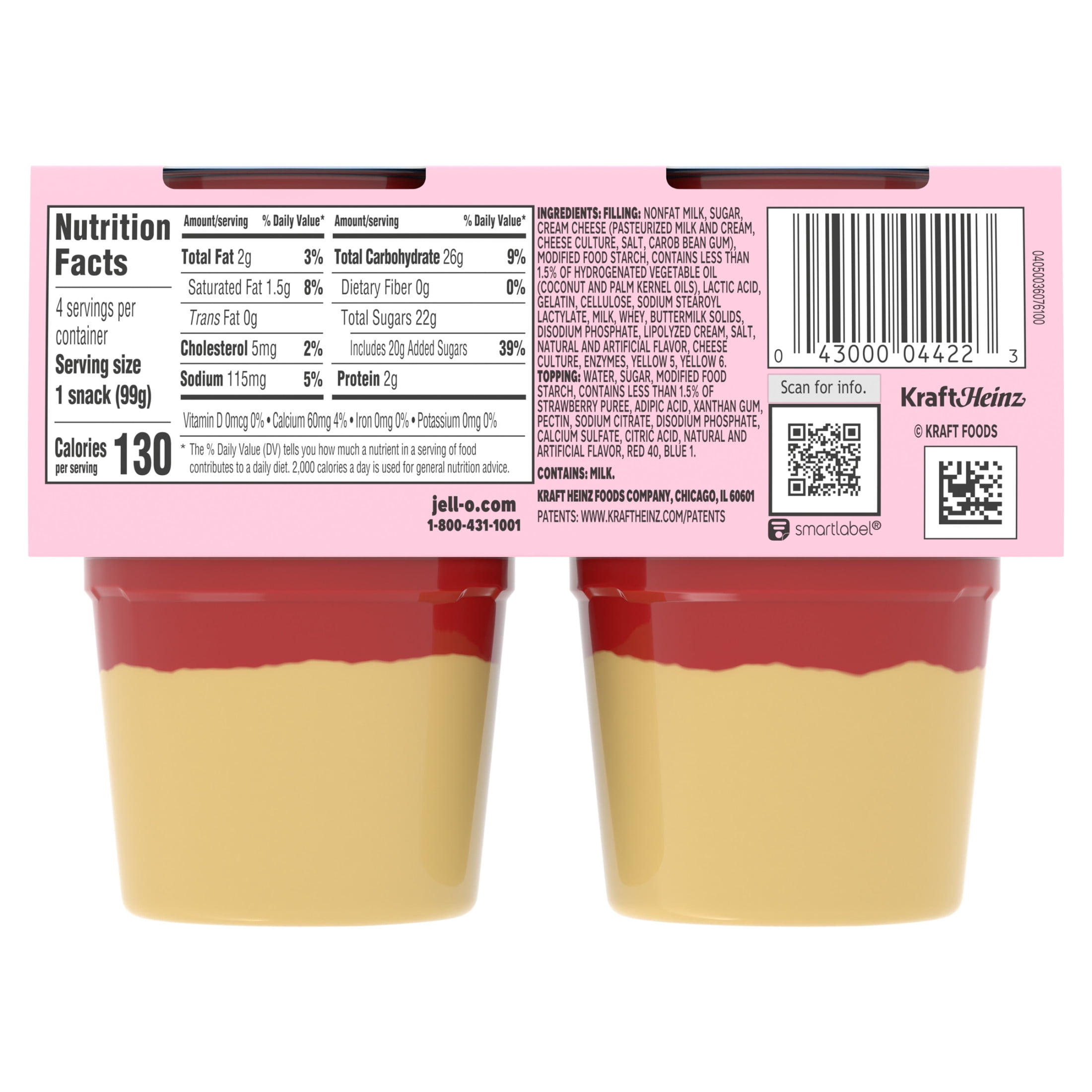 Jell-O Original Strawberry Cheesecake Pudding Cups Snack, 4 Ct Cups
