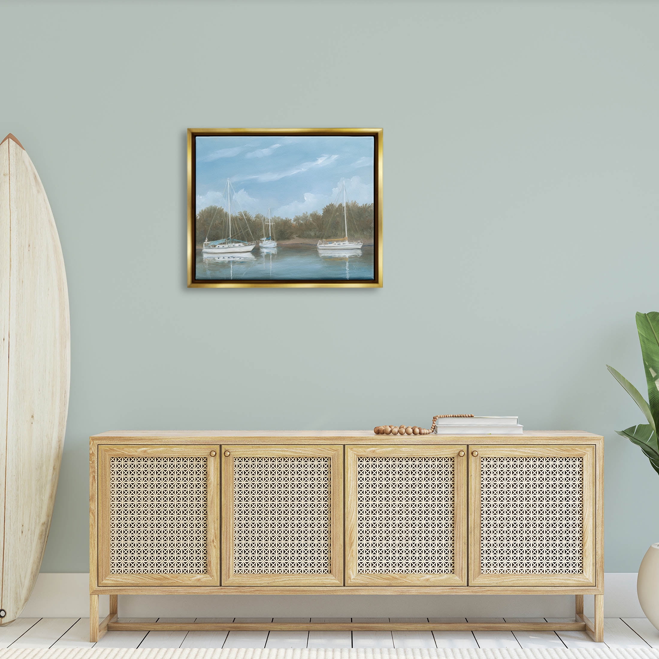 Drifting Boats Nautical Marina Landscape Painting Metallic Gold Framed Art Print Wall Art