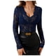 thumbnail image 1 of Top de malla transparente para mujer, manga larga, cuello alto con encaje floral, blusa transparente - Camisa ligera con capas, color negro, 1 of 4