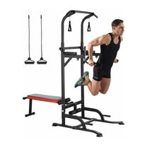 LAZY BUDDY Adjustable Power Tower Pull Up Bar Dip Station with Bench, Multi-Function Home Gym Strength Training Fitness Equipment - 400 lbs