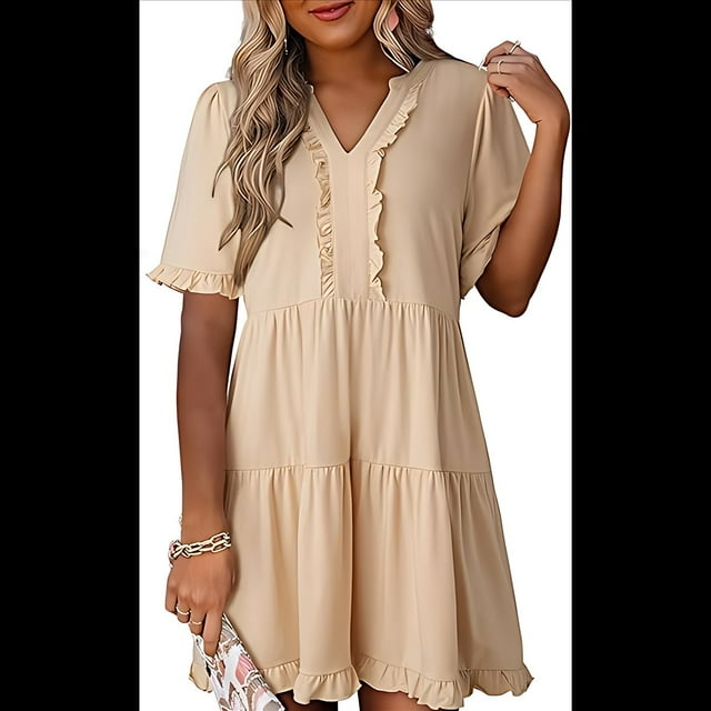 Vestido Informal de Mujer con Escote en V, Corta y Volantes, Corte A, Color Albaricoque M