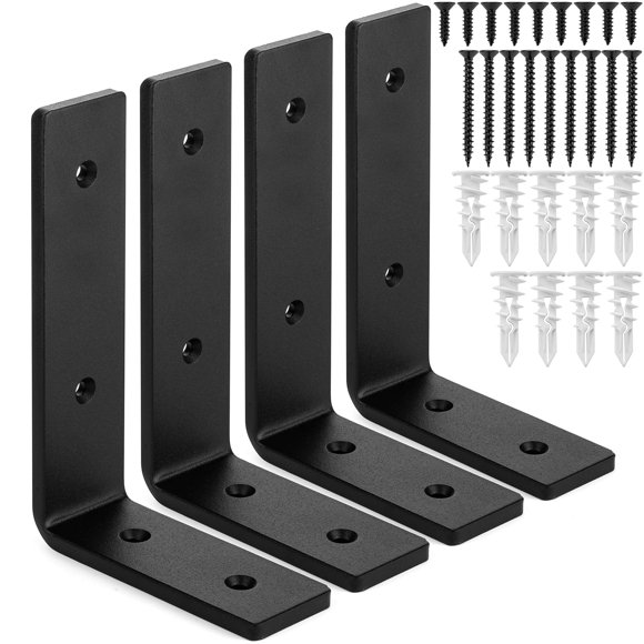 Premium Heavy-Duty Shelf Brackets - Quarter Inch (1/4") Thick - Rustic Industrial Modern Farmhouse Black Iron Finish Shelf Holder Hanger Bracket w/ Hardware, 4-PK - Multiple Sizes Available (6" x 4")