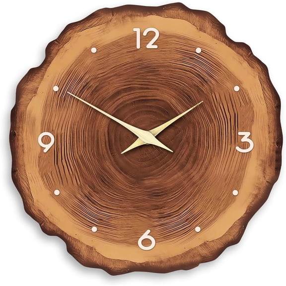 Modern Wood Wall Clock for Living Room Decor Rustic Wall Clocks Battery Operated 12 Inch Brown Annual Ring Wall Clock Non Ticking, MDF No Solid Wood