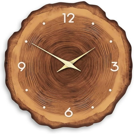 Modern Wood Wall Clock for Living Room Decor Rustic Wall Clocks Battery Operated 12 Inch Brown Annual Ring Wall Clock Non Ticking, MDF No Solid Wood