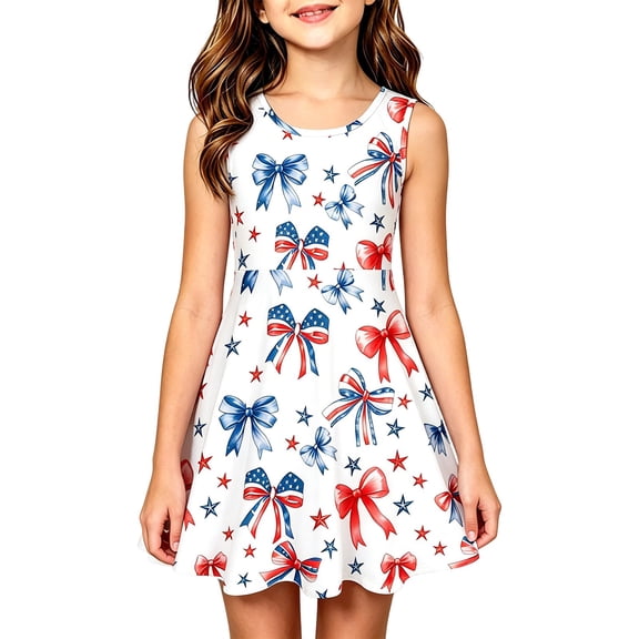 WERYOUNG Girls Patriotic Sleeveless Dresses For Girls Round Neck Red White Blue Party Dress 4th Of July Summer Dresses Versatile Sundresses 3-4 Years