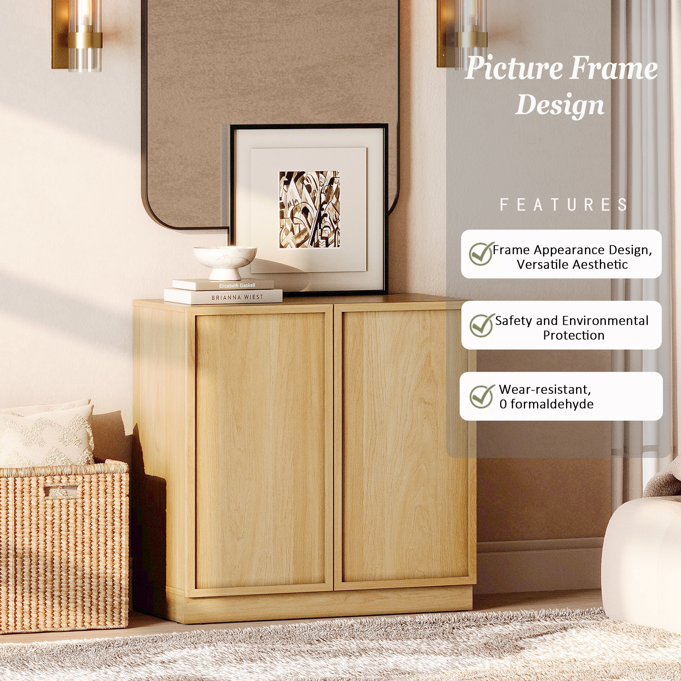 Modern Wood Dresser with 3 Drawers & 2 Adjustable Shelves, 94.5"W Storage Chest with Full Floor Base, Minimalist Organizer for Bedroom Living Room