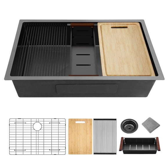 32"x 19" Gunmetal Black Undermount Kitchen Sink, 16 Gauge Handmade Stainless Steel Workstation Sink with Accessories