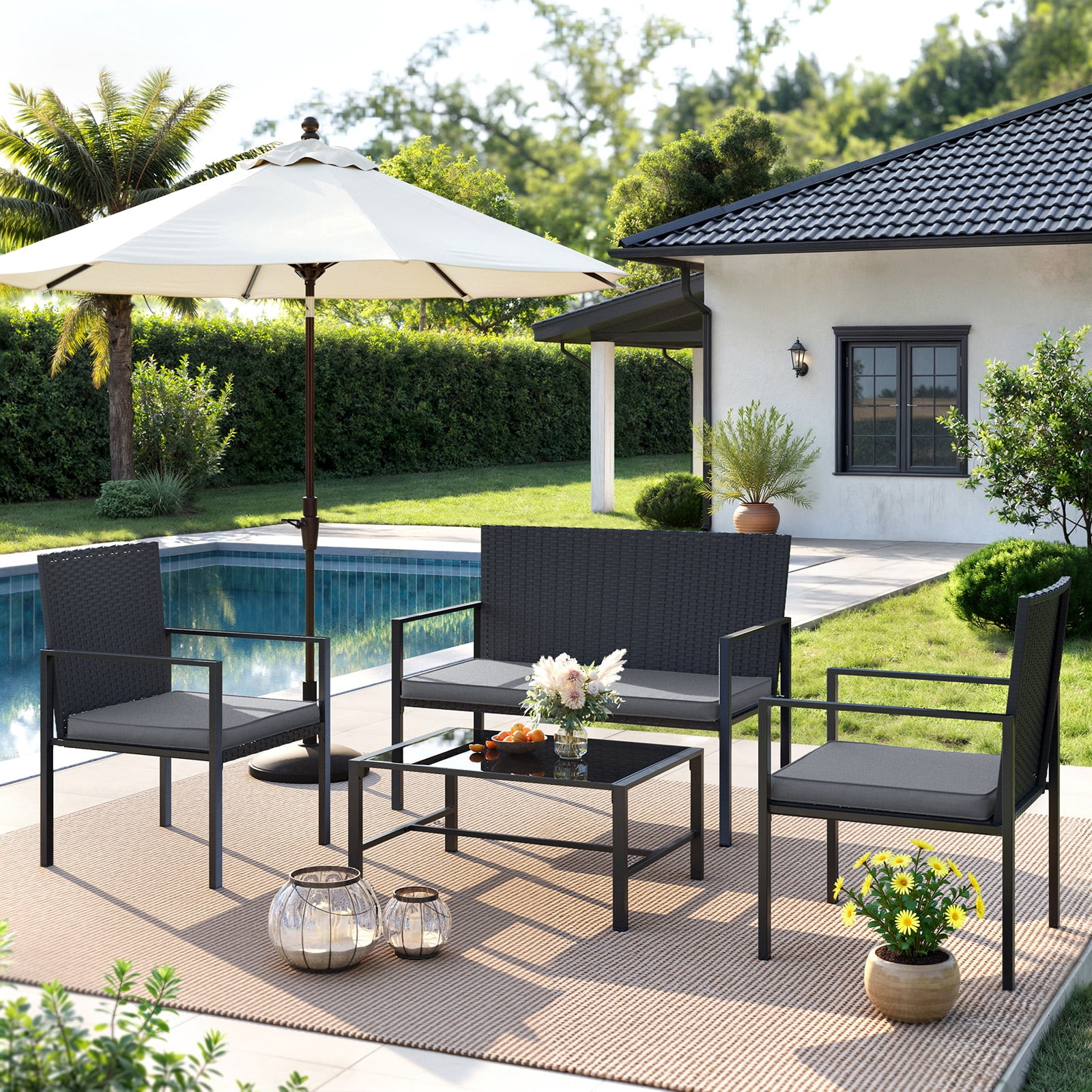UDPATIO 4 Piece Patio Furniture Sets, Outdoor Conversation Sets of 4, 4 Pieces Wicker Patio Furniture Set with Coffee Table, Gray