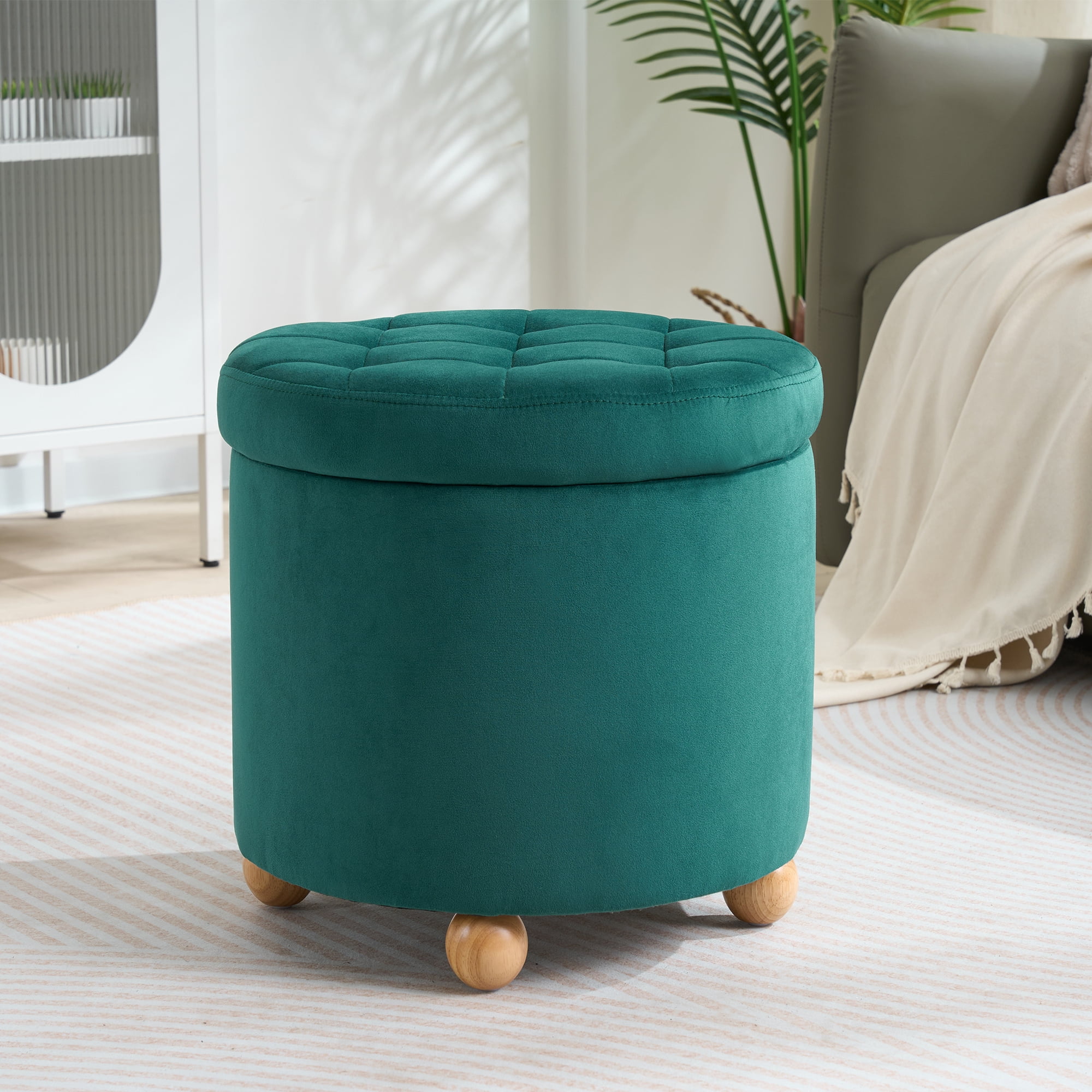 Round Velvet Storage Ottoman with Reversible Tray Lid, Tufted Upholstered Footrest Stool with Wooden Legs