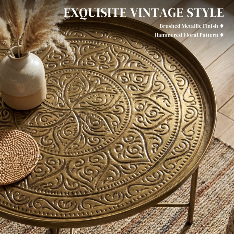 Alvantor Round Coffee Table with Hammered Tray Top & Metal Frame 24"x24"x15.7" Gold