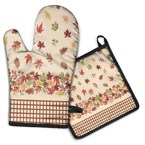 Autumn Fall Leaves Pattern Kitchen Oven Mitt and Pot Holder Sets 2 Pcs for Baking, Cooking and Grilling, Heat Resistant Up To 392 °F