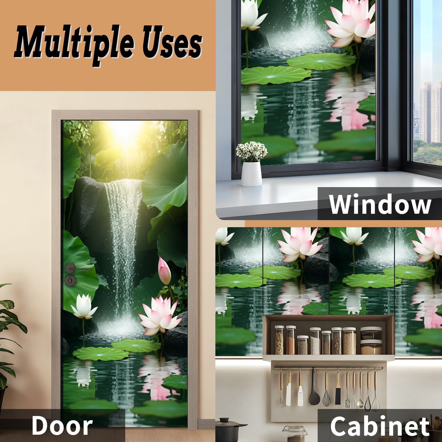 Self Adhesive Vinyl Refrigerator Wrap Set Serene Lotus Pond Waterfall Greenery Spiritual Calm Door Mural Removable Fridge Sticker Peel and Stick&nbsp;Full Door Cover Decal Kitchen Bar Decor