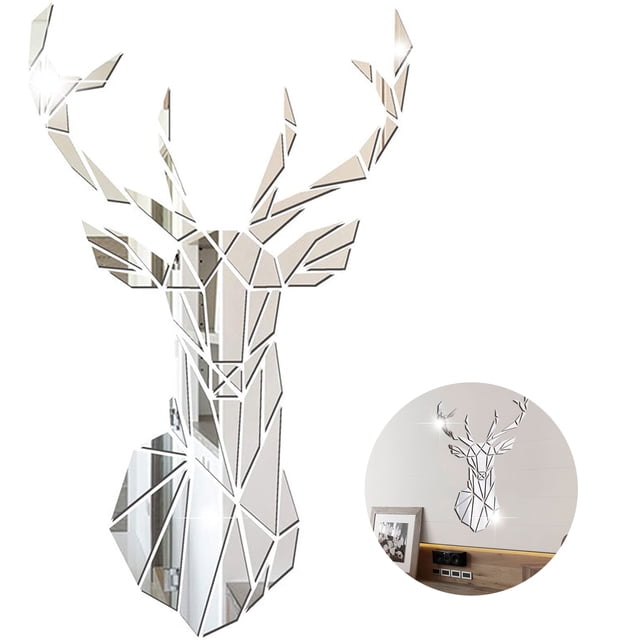 Silver-XL (86*51CM)-Pegatina de pared con espejo de cabeza de ciervo Ormromra LKX-1194