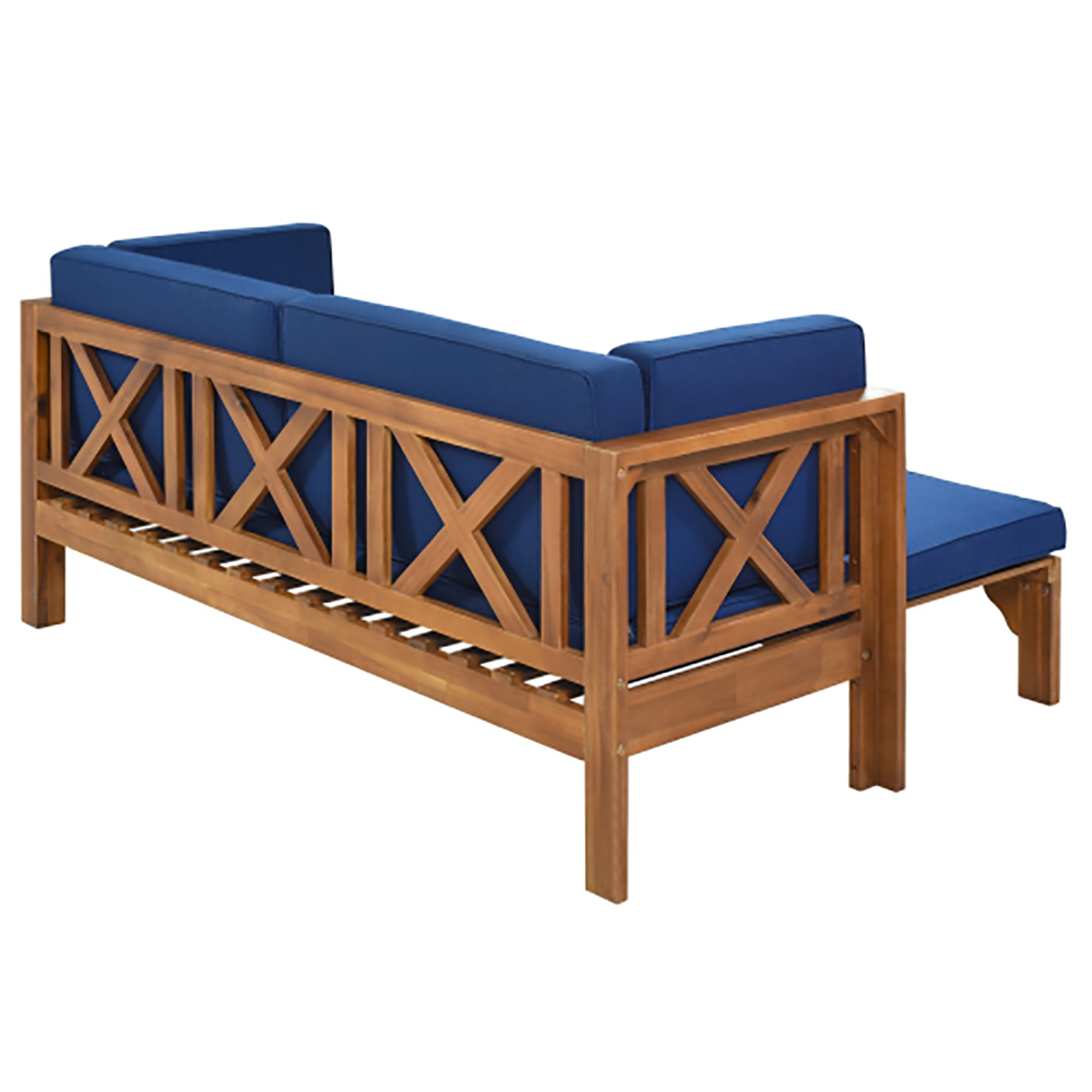 Kadyn Outdoor Patio Stretch Solid Wood Sofa Set Combo Furniture, Patio Furniture Sofa, Ottoman with Thick Cushions, Brown Finish + Blue Cushions Kadyn Outdoor Patio Stretch Solid Wood Sofa Set Combo Furniture, Patio Furniture Sofa, Ottoman with Thick Cushions, Brown Finish + Blue Cushions