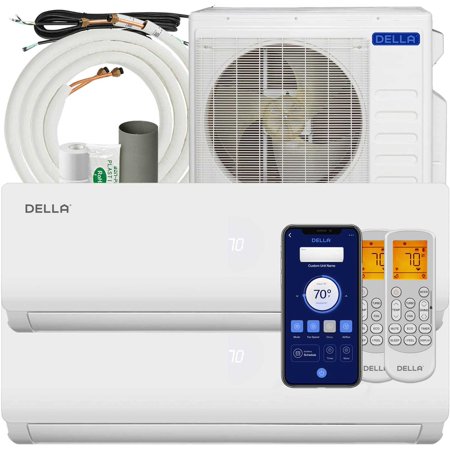 DELLA 27K BTU ODU 2 Zone 12000 12000 BTU Wifi Mini Split AC Heat Pump Work with Alexa, 19 SEER 208-230V Cools Up to 1100 Sq.Ft Energy Saving Multi Zone Ductless Pre-Charged 16ft Installation Kits
