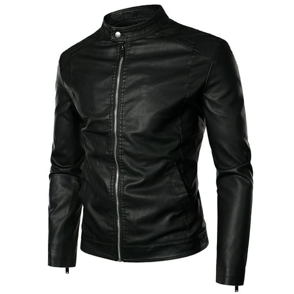 IROINNID Men's Faux Leather Long Sleeve Solid Color Loose Plus Fleece Jacket, Motorcycle Jacket, Warm Zipper Jacket