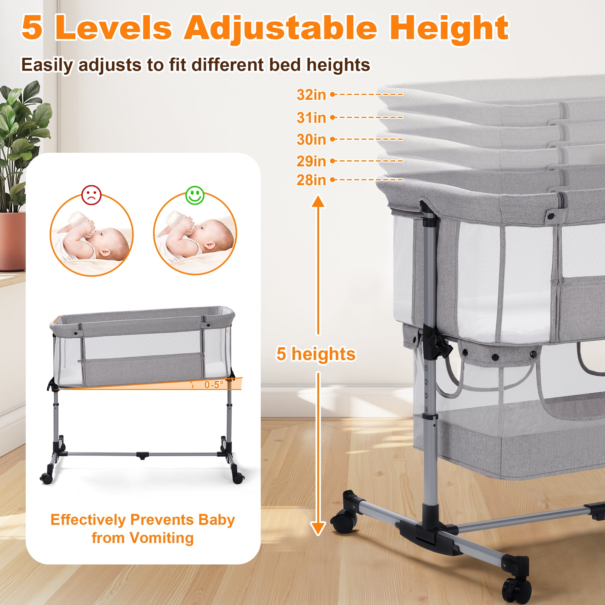 Vomeast Baby Bassinet Bedside Sleeper with Wheels, Adjustable Height, Storage Basket, Mosquito Net for Newborns Infants, Light Gray