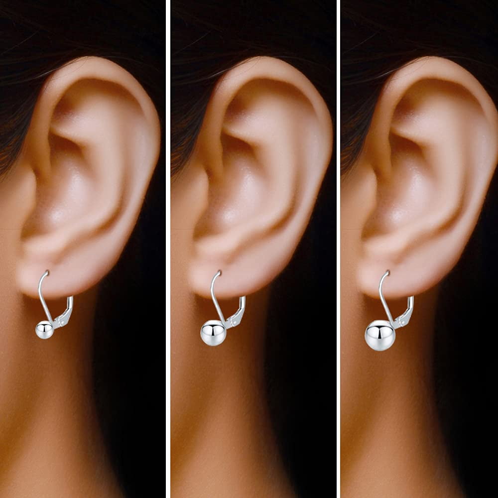 LeCalla 925 Sterling Silver Hypoallergenic Light-Weight Classic Ball Drop Dangle Lever-Back Earrings for Women and Teen Set of 3 Pairs (6MM, 8MM, 10MM)