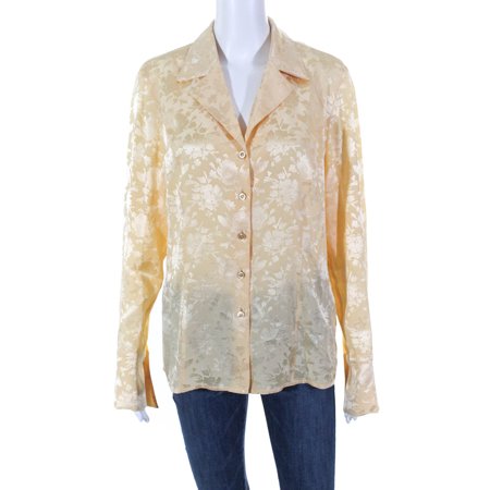 Pre-owned|Escada Womens Silk Satin Floral Collared Button Up Blouse Peach Size 40