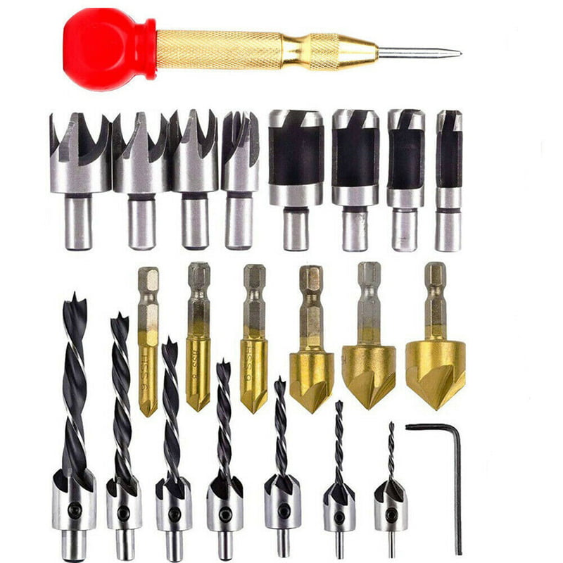 Use Drill Bit 23Pcs Woodworking Set Drill Wrench 3/8'' Wood Plug Cutters 