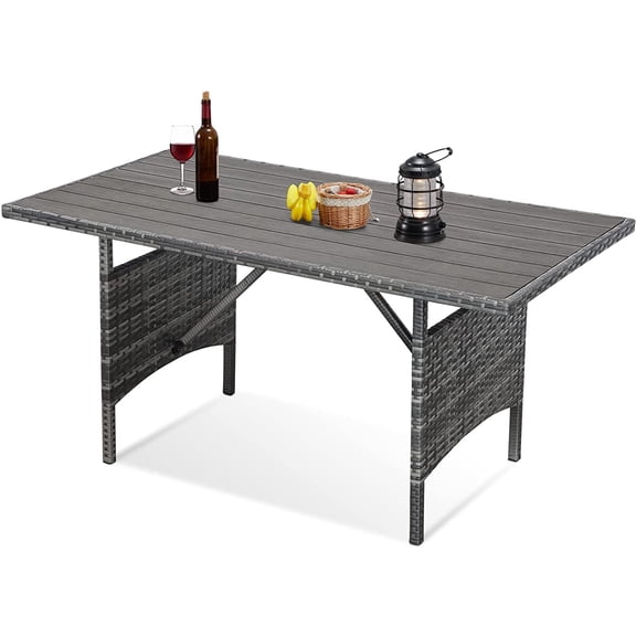 AECOJOY 54" Outdoor Dining Table, Patio Wicker Metal Frame Coffee Table for Outside or Indoor, Gray Rattan