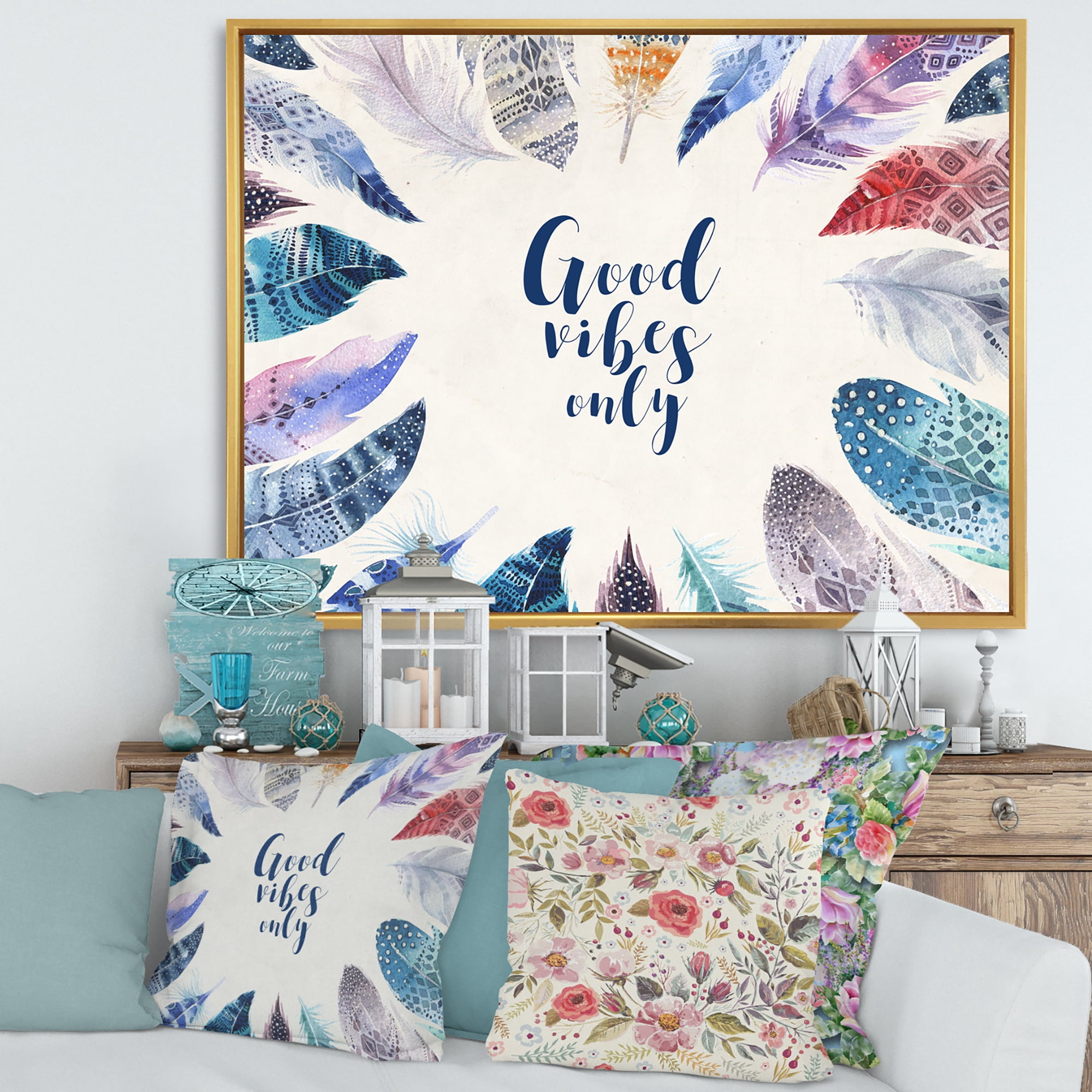 Designart 'Good VIbes Only Under Vibrant Blue Feathers' Bohemian & Eclectic Framed Canvas Wall Art Print