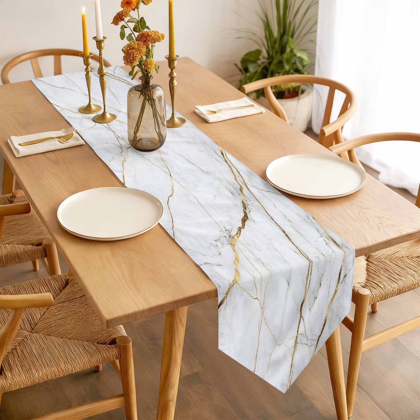 Gray Marble Table Runner 120 Inches Long Gold Lines Abstract Crack Modern Art Table Runners for Dining Room Tabletop Dresser Scarf Home Party Banquet Wedding Holiday Decoration