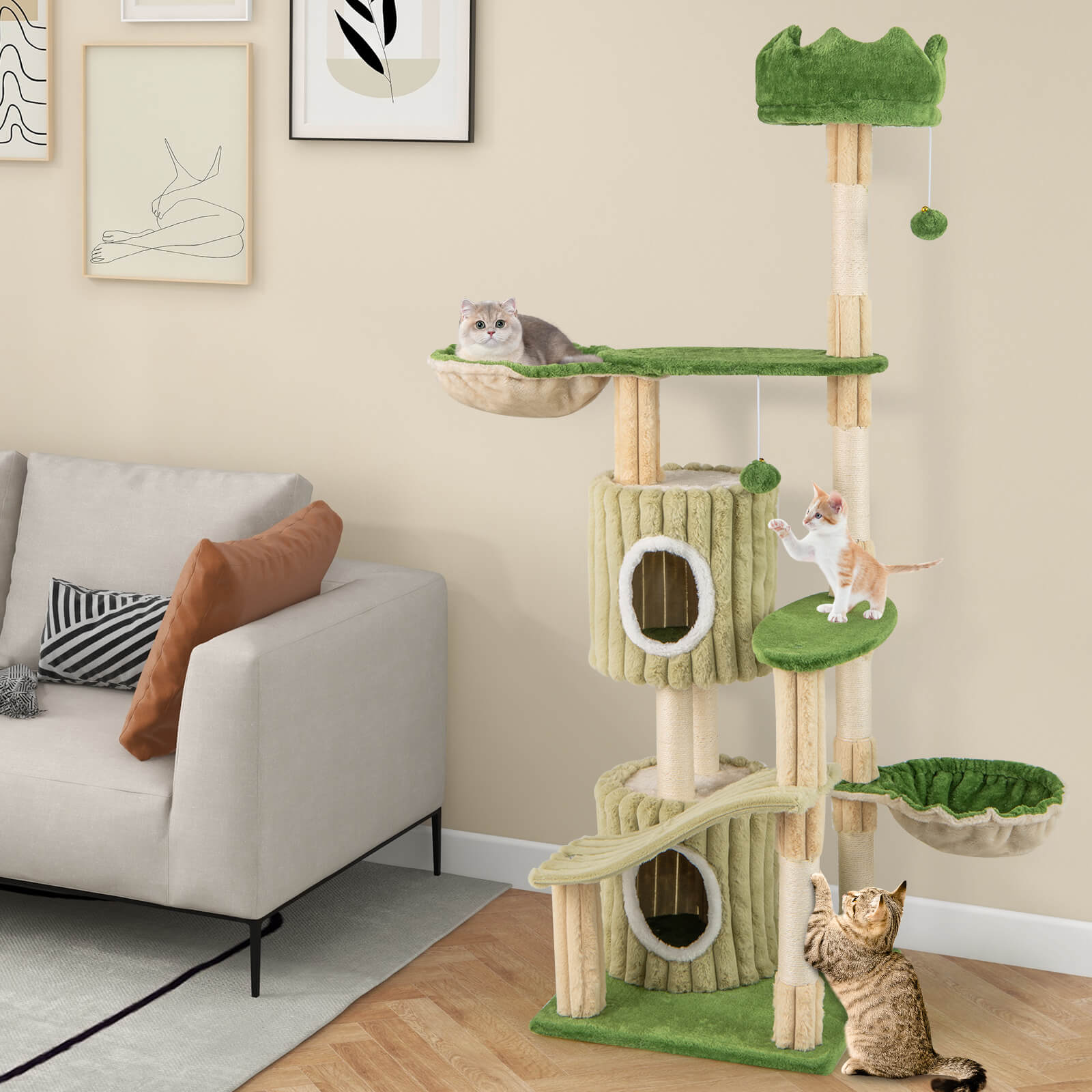 Infans 63" Tall Cat Tree w/ 2 Condos Plush Padded Top Perch 2 Hammocks 2 Dangling Balls