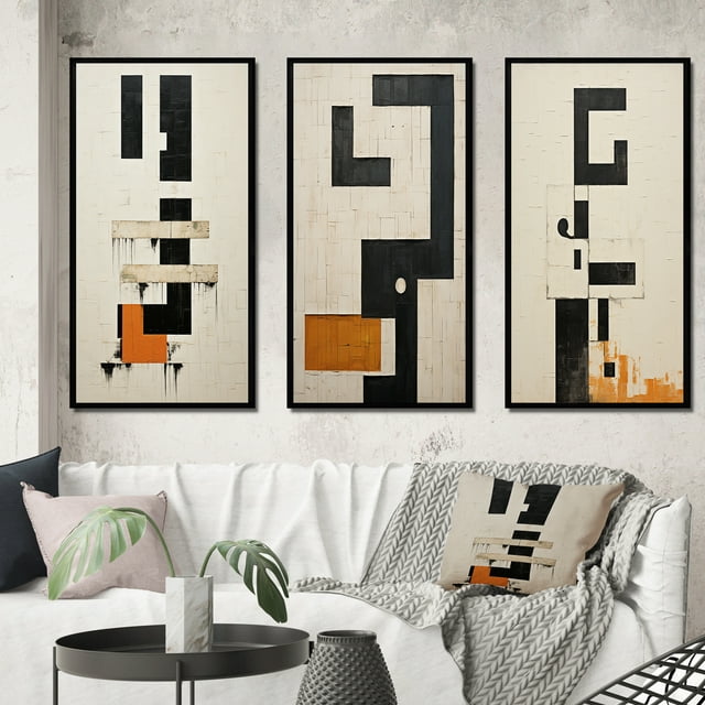 Designart "Abstract Monochrome Minimalism New Order V" Modern Geometric Framed Wall Art Set Of 3 - Black Abstract Frame Gallery Wall Set For Home Decor