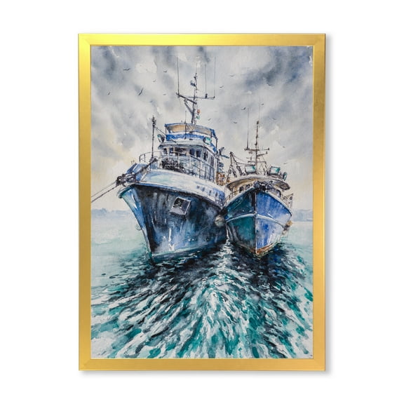 Designart 'Blue Fishing Boats Before A Storm Anchored' Nautical & Coastal Framed Art Print