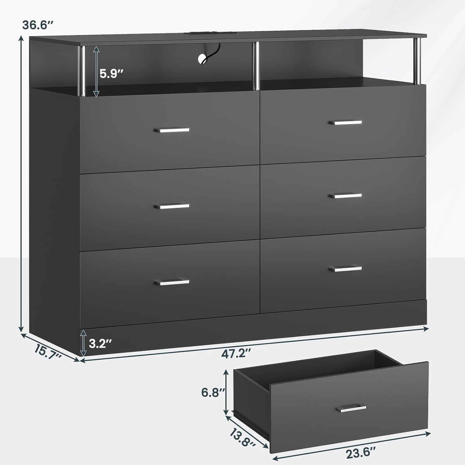 AOGLLATI Black Dresser for Bedroom Living Room 6 Drawers Chest of Drawers with LED Lights Charging Station