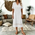 thumbnail image 4 of QUNYINEY Casual Dresses Women Short Sleeve White Midi Lace A Line Dress V Neck Loose Fit Vacation Beach Dresses, 4 of 7