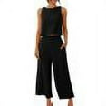 thumbnail image 1 of RT5YKing Ensemble 2 Pcs Coton et Lin Mode Femme Col Rond Blouse Sans Manches Unie + Pantalons Amples avec Poches, 1 of 8