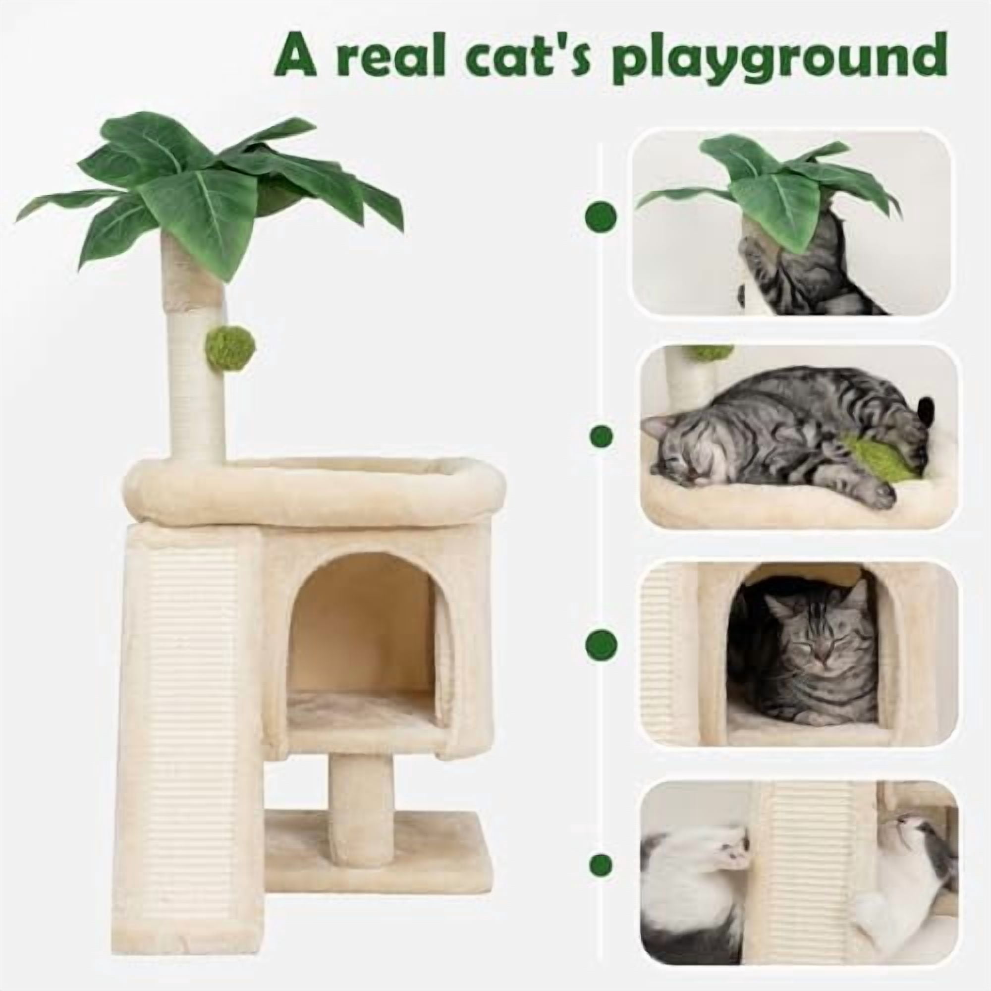 Palm Cat Tree Tower for Indoor Cats with Cozy Cat Condo, 33'' Natural Sisal Scratching Posts and Plush Pom-pom for Small Kitty