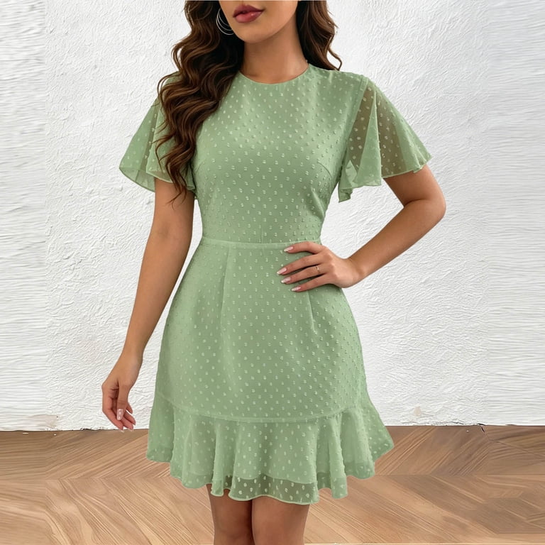 green polka dot ruffle dress Women's Short Sleeve Crewneck Hem Flutter Sleeve Casual Summer Midi Dress july influencer