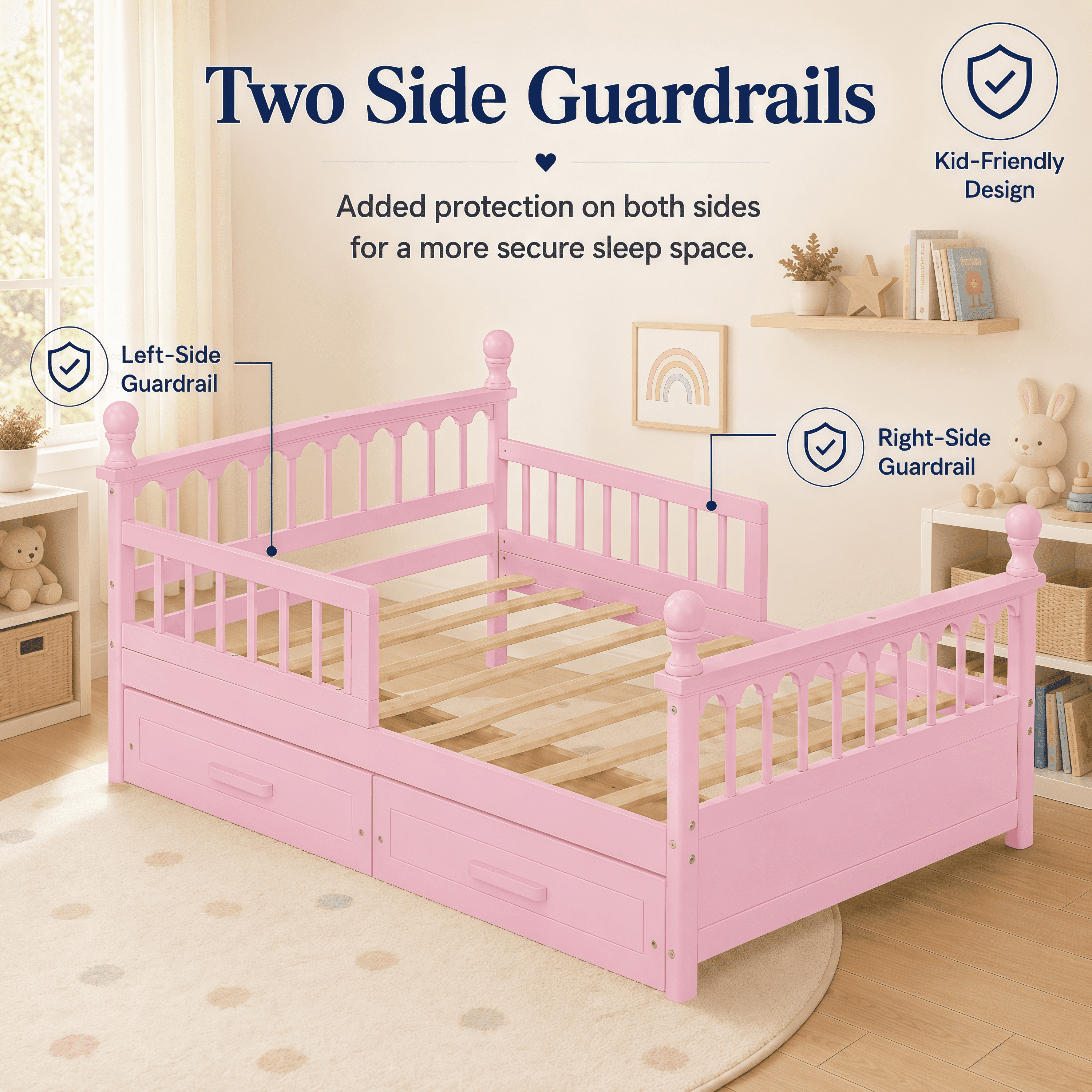Euroco Wood Twin Size Platform Bed with Drawers, Low Profile Kids Bed with Safety Guardrails, No Box Spring Needed, Pink