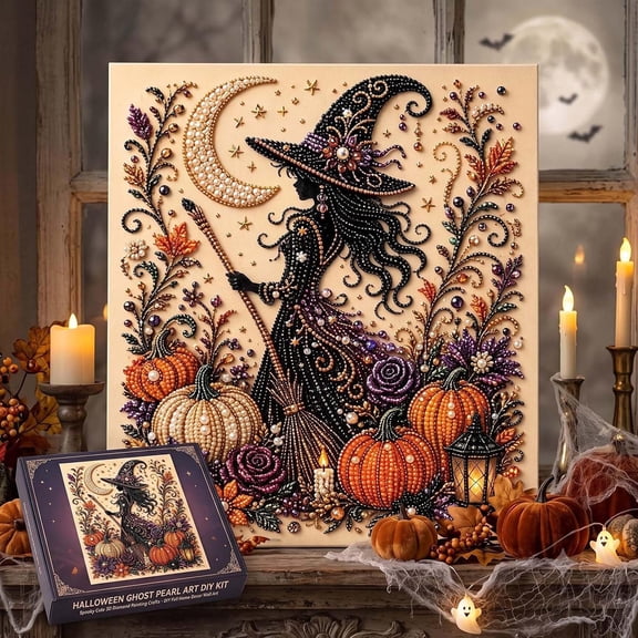 Halloween Decorations Witch Pearl Art DIY Kit, Cute 3D Ghost Witch Decor Pearl Craft Set for Adults & Beginners, Spooky Ghost Pumpkin Canvas Art for Fall Home Decor, Wall Art Halloween Gift