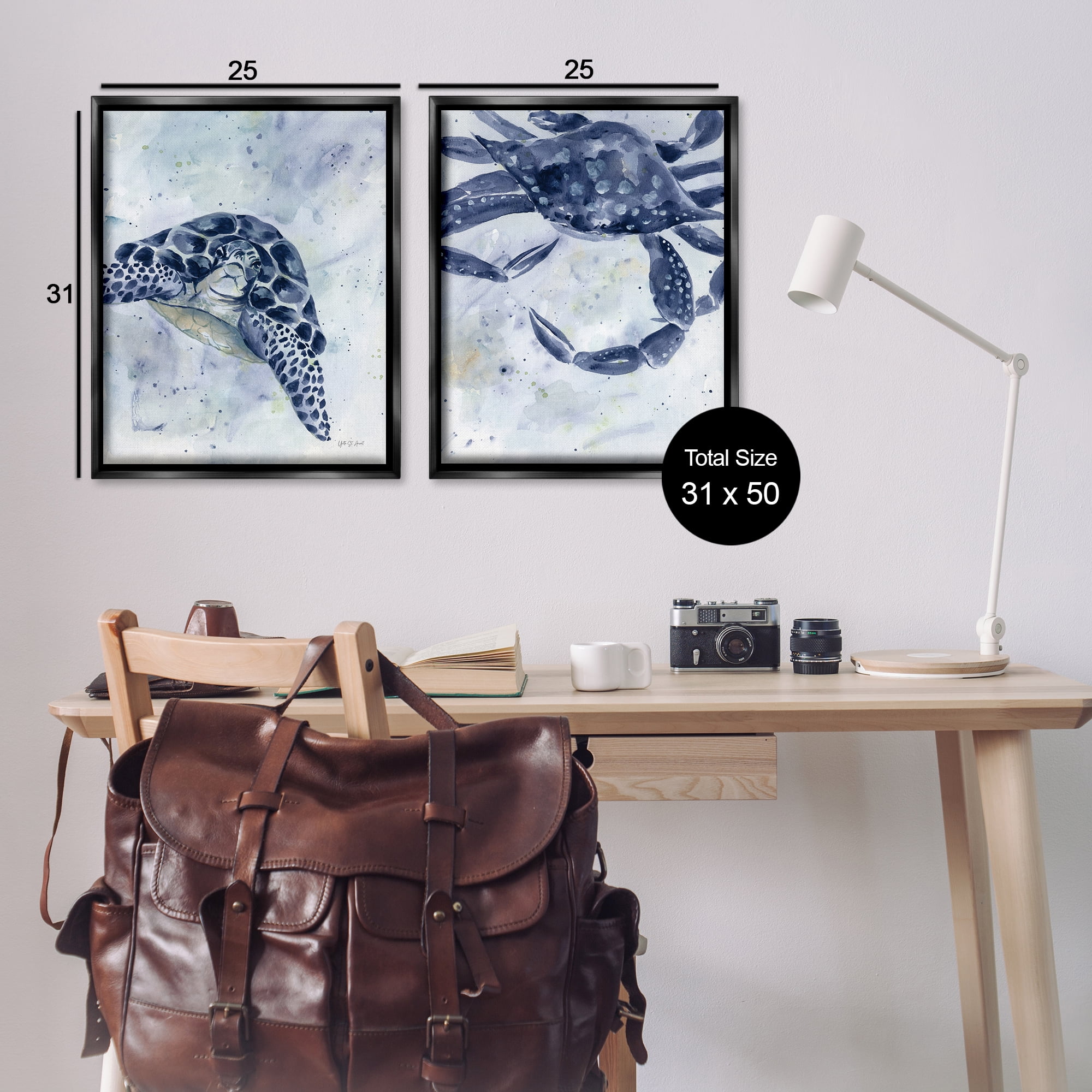 Stupell Industries Sea Creatures Turtle & Crab Nautical & Beach Painting Black Floater Framed Canvas Art Print Wall Art, 31 x 25, Set of 2