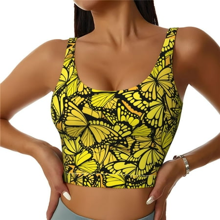 Jgfou Yellow Butterflies Print Womens Sports Bra - Padded Workout Sports Bras Crop Tank Top