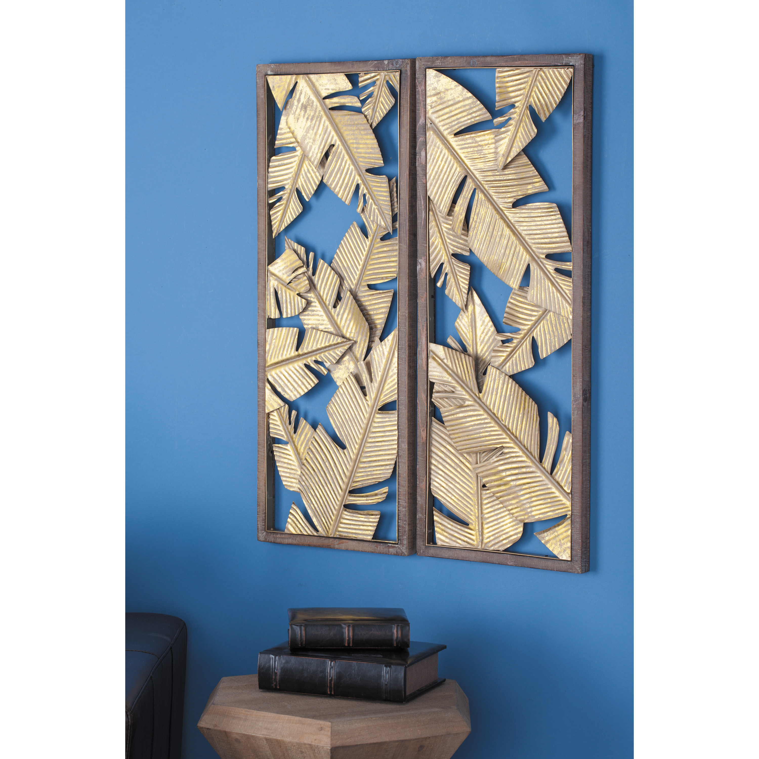 DecMode Contemporary Metal Banana Leaves Wall Décor, Set of 2 13"W x 34"H with Stained Yellow and Gold Finish
