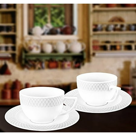 Imari Coffee Saucer - Wilmax WL-880107, 3 oz. Julia Collection White Porcelain Coffee Cups & Saucers, Classic European Bone China Espresso/Coffee Cups with Matching Saucers, Gift Box Set of 12 (6 cups + 6 saucers)