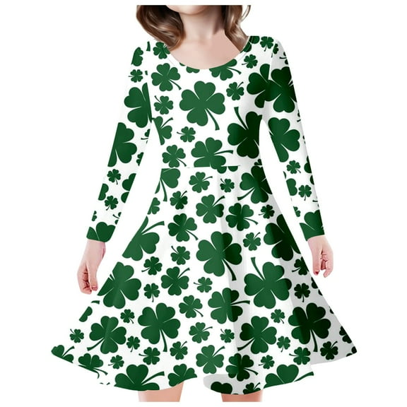 Toimothcn Toddler Baby Girls Dress Short Sleeve Casual St. Patrick'S Day Four-Leaf Clover Printed Dress Soft Breathable Loose Summer Princess Dresses Comfy Children'S Sundress